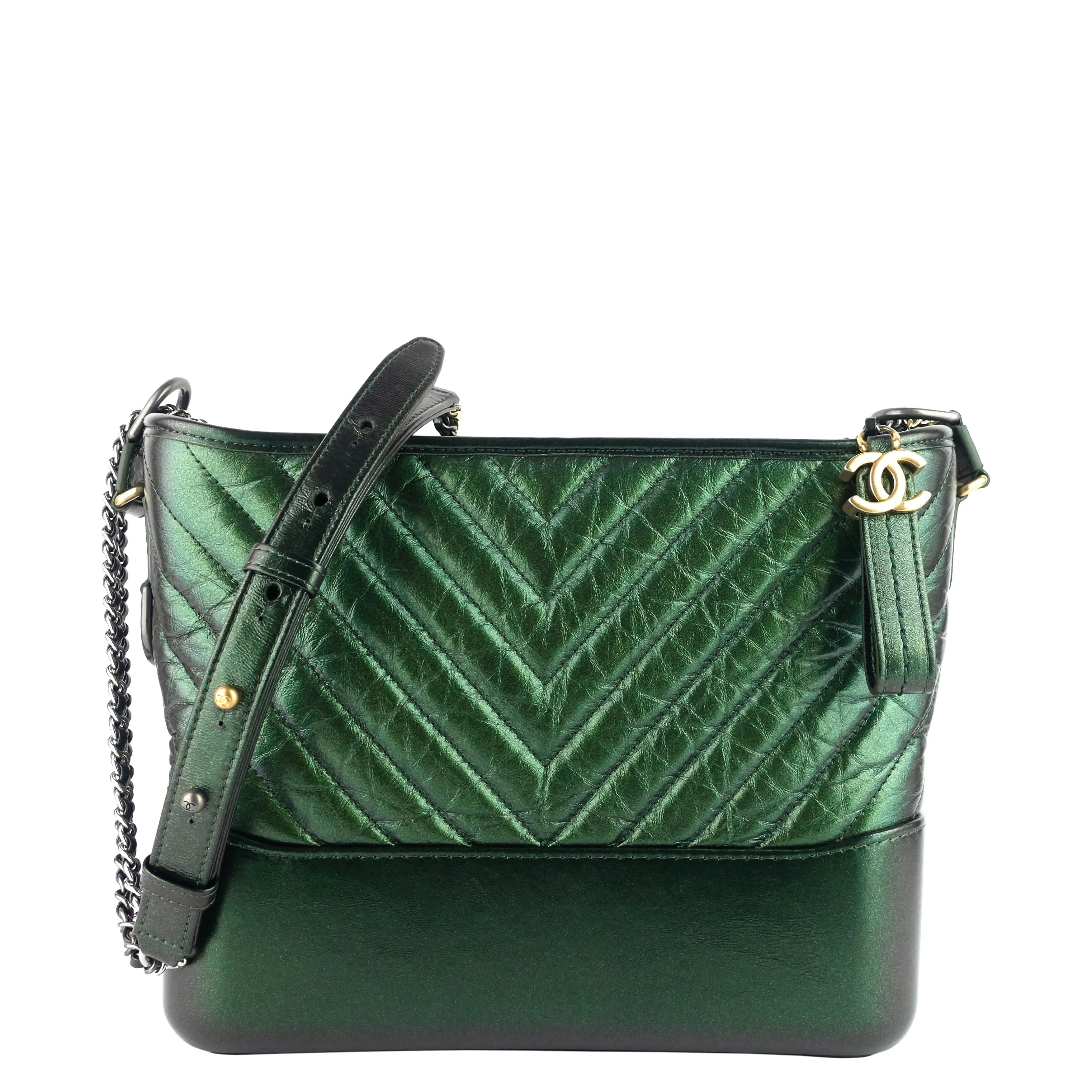 CHANEL Gabrielle Medium Chevron Metallic Leather Hobo Bag